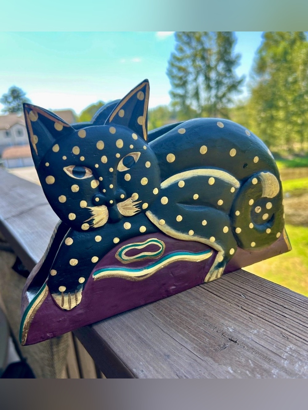 Vintage Hand Carved & Painted Double Sided Wood Cat Napkin Phone Holder